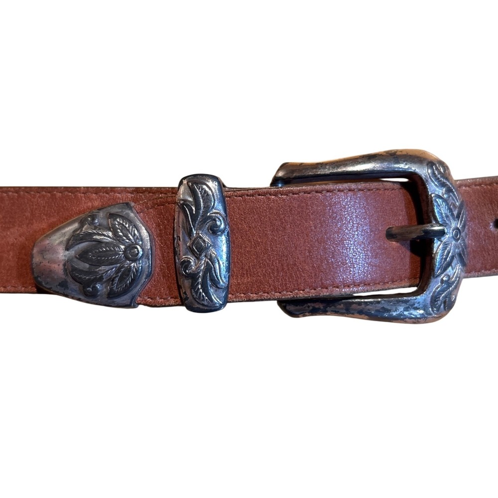 VTG Brighton Floral Concho Belt Brown Silver Women's Size Medium Made in USA‎
